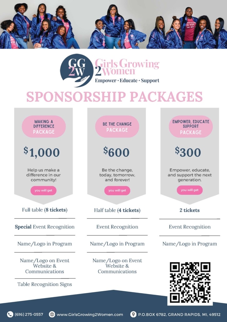 Image of different sponsorship packages available for 10th Anniversary Celebration. Includes photo of young women who are wearing blue satin jackets and pink tshirts.